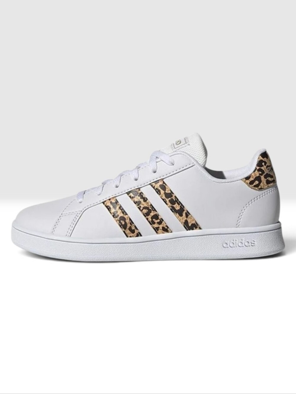 adidas Neo Grand Court Women’s White Leather Sneakers with Leopard-Print Stripes